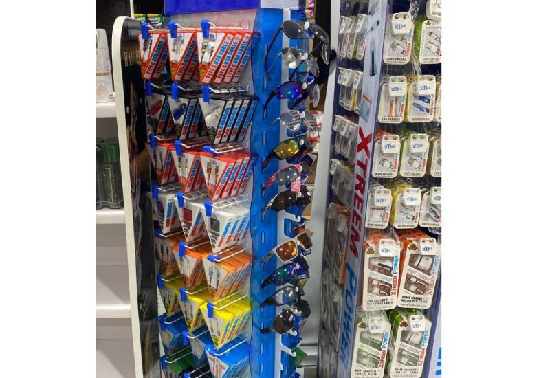 Phone charger display rack in an electronics retail store Phone charger display rack in an electronics retail store